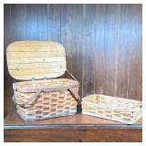 Vintage Picnic Basket | Woven wooden picnic basket with double bail handles, hinged lid opening to a