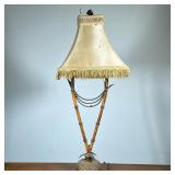 FAUX BAMBOO MONKEY LAMP | Monkey finial table lamp with fringed shade. - h. 36 x w. 15 x d. 11 in (o
