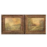 (2pc) PAIR LANDSCAPE OIL PAINTINGS | Pair of landscape oil paintings depicting houses and mountains 