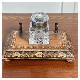 Micro Mosaic Inkstand | Micro mosaic Standish quill or pen holder with cut crystal inkwell. - h. 3.5
