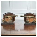 (2pc) PAIR BRASS CANNON BOOKENDS | Miniature/model brass cannons mounted on wooden bookends - h. 5.5