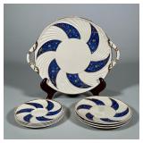 (9pc) Belleek Porcelain Dishes | Cobalt blue swirled pattern with gilt rims and highlights, includin