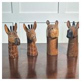 (4pc) Carved Animal Figures | Carved wood giraffe, zebra, and leopard figures. - h. 7.75 in (tallest