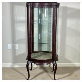 GLASS DISPLAY CASE | Carved wood & glass display with rounded glass sides with 2 glass shelves over 