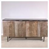 MODERN WOOD CABINET | Distressed wood media/accent cabinet with four doors opening to two shelves, o