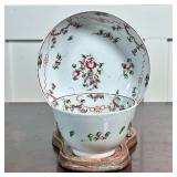 CEREMONIAL TEACUP SET | Antique porcelain loral patterned teacup & saucer on wooden stand - h. 6 x w