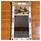 Half Spindle Wall Mirror | White paint and gilt with a panel showing a winter scene. - h. 31 x w. 15