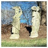 (2pc) PAIR CONCRETE GARDEN STATUES | Pair of concrete garden statues depicting figure of a woman wit