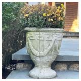 CONCRETE PLANTER URN | Concrete planter urn with ribbon relief - h. 15.5 x dia. 14 in