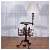 ANTIQUE SIDE TABLE WITH LAMP & BOOKMILL | On tripod-footed base - h. 51 x w. 26 x d. 20 in