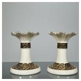 (2pc) PAIR BELLEEK CANDLESTICKS | Pair of Belleek candlesticks with gilt accent - h. 5 x dia. 4 in
