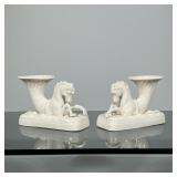 PAIR BELLEEK HORSE CANDLESTICKS | Pair of Belleek horse and cornucopia-form candlesticks with cornuc