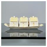 Belleek Shakers | Set of Belleek porcelain house-form Salt & Pepper shakers and sugar bowl with wood