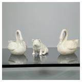 (3pc) PAIR BELLEEK SWANS & OTHER | Pair of Belleek porcelain swan bowls & small pig figurine - h. 3.