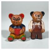 (2pc) CARVED WOOD TEDDY BEARS | Carved wood & painted teddy bear figures - h. 4.5 x w. 3 x l. 3 in