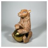 LARGE CARVED CIRCUS BEAR | Large carved wood bear figure with brass ball - h. 13 x w. 8 x l. 9 in