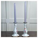 (2pc) Pair Dresden Candlesticks | With floral pattern and gilt rims, marked on the bottoms - h. 6.5 