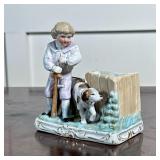 PORCELAIN SPILL VASE | Boy with dog glazed porcelain spill vase with gilt accent, with impressed sta