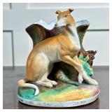 GREYHOUND SPILL VASE | Porcelain-painted greyhound figure with tree trunk spill vase. - h. 5.5 x w. 