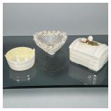 (3pc) BELLEEK BOWLS & OTHER | Including a heart shaped woven porcelain basket with fine floral rim, 