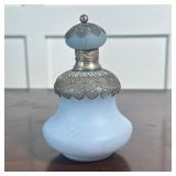 SILVER OVERLAY PERFUME BOTTLE | Light blue glass perfume bottle with silver overlay - h. 5.25 x dia.