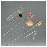 (6pc) STERLING & OTHER HAT PINS | Including an Art Nouveau sterling silver and pink faceted gem set 
