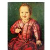 ITALIAN PORTRAIT PLAQUE | Printed portrait on masonite of a young Medici child with bird, with Istit