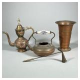 (4pc) BRASS & COPPER ITEMS | Including a brass ewer with applied pressed copper plaques, a copper-to