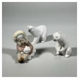 (3pc) LLADRO POLAR BEARS | Including: Resting Polar Bear, Attentive Polar Bear, and Eskimo, each wit