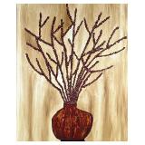 FULGENZI 1963 STILL LIFE | Oil on canvas still life painting of branches in a vase before an abstrac