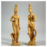 (2pc) CARVED ASIAN FIGURES | Resin, faux bone, carved female figures with snakes, one with a lion an