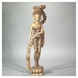 CARVED ASIAN STATUE | Resin, faux bone, figure of a woman in flower carved robe with large hairpiece