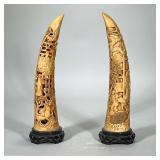 (2pc) JAPANESE DECORATIVE CARVINGS | Resin, faux bone carved horns depicting figures, dragon, and fl