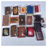 (16pc) LEATHER & WOOD NEEDLEBOOKS | Mixed lot of carved wood, micro mosaic, and tooled leather needl
