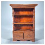 MINIATURE WOOD BOOKCASE | Miniature carved wood bookcase/cupboard having 3 shelves over 2 split-widt