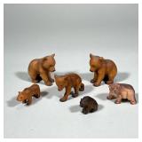 (6pc) Cute Carved Bear Figures | Carved wood bear figurines. - h. 3.25 x w. 1.5 x l. 3.5 in (largest