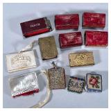 (12pc) MINIATURE NEEDLE BOXES & PIN CUSHIONS | Mixed lot of needle boxes & pin cushions including: t