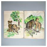 (2pc) Two Water Color Paintings | Each depicting a pair of adolescent bears among foliage. - h. 16 x