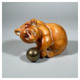 LARGE CARVED CIRCUS BEAR | Carved wood bear figure with brass ball - h. 7.5 x w. 6 x l. 12 in