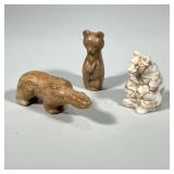 (3pc) CARVED STONE BEAR FIGURINES | 3 bear figurines carved from various stones. - h. 2 x w. 1.5 x l