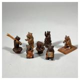 (7pc) MINIATURE WOOD BEARS | Carved wood miniature bear figures including: bears playing accordion &