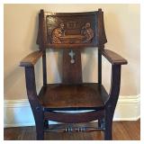 Carved Monk Armchair - 2 of 2 | Antique carved oak armchair featuring back panel artwork of two men 