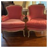 (2pc) Pink Velvet Armchairs | Pair of bergere club armchairs with pink velvet upholstery. Set height