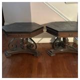 (2pc) Slate Top Low Side Tables | Pair of vintage Spanish Revival style hexagon-shaped stone top sid