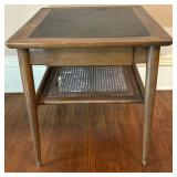 Slate Top Side Table With Rattan Shelf | Mid-century modern slate top side table with lower rattan s
