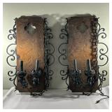 (2pc) Medieval Wall Sconces | Pair of vintage Medieval Revival style metal and wood sconces. - h. 31