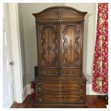 Carved Mahogany Armoire | Vintage mahogany armoire with carved doors, two large bottom drawers, 3 sm