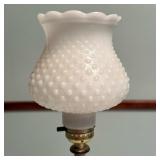 (3pc) Hobnail Milk Glass Table Lamp | Vintage hobnail white milk glass table lamp and two scalloped 