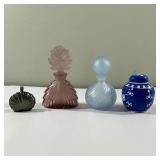 (4pc) Vanity Items & Bottles | Assortment of vanity items and bottles for perfume, etc. - h. 4.5 x w