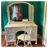 (2pc) White Vanity/Dressing Table & Chair | White painted, carved wood, mirrored vanity/dressing tab